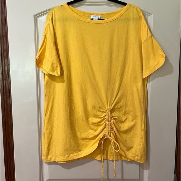 SUNDANCE Drape Ruched Hem Short Sleeve Crew Neck Shirt Yellow Women’s Size Large - Picture 1 of 4